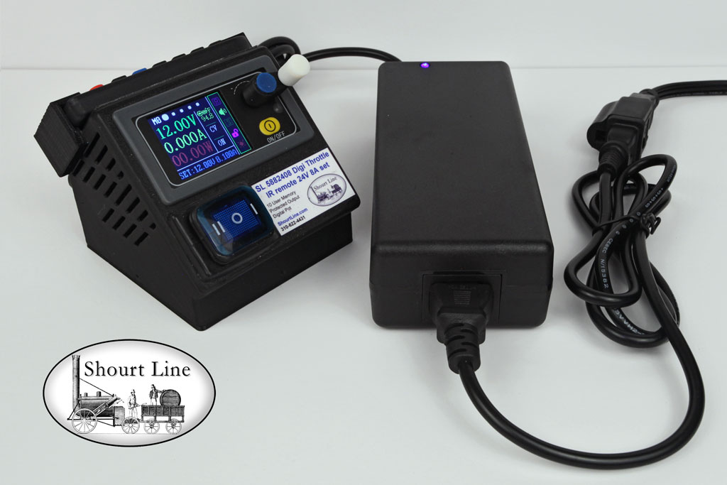 SL-DC-8-SPS-Set: Any Gauge SL 5882408 400W 50V 8.1A Max. Precision Digi Throttle w IR Remote Control + SL 5112408 Regulated PS 24V 8A AC supply w AC cord left top front view